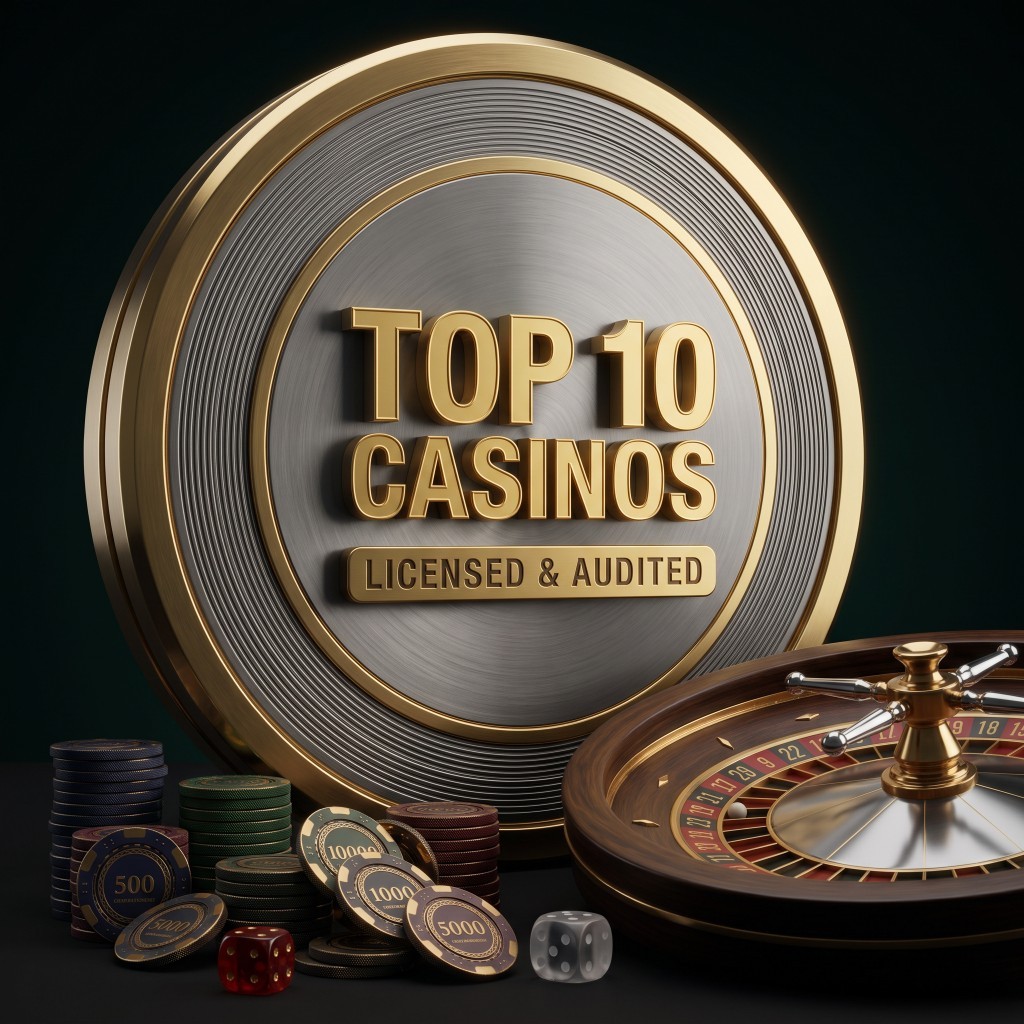 Casino table still life with a gold emblem, roulette wheel, chips and dice